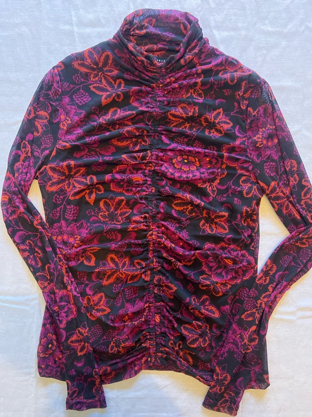 Floral Mesh Ruched Turtleneck Long Sleeve Top Y2K Indie Sleaze Moment